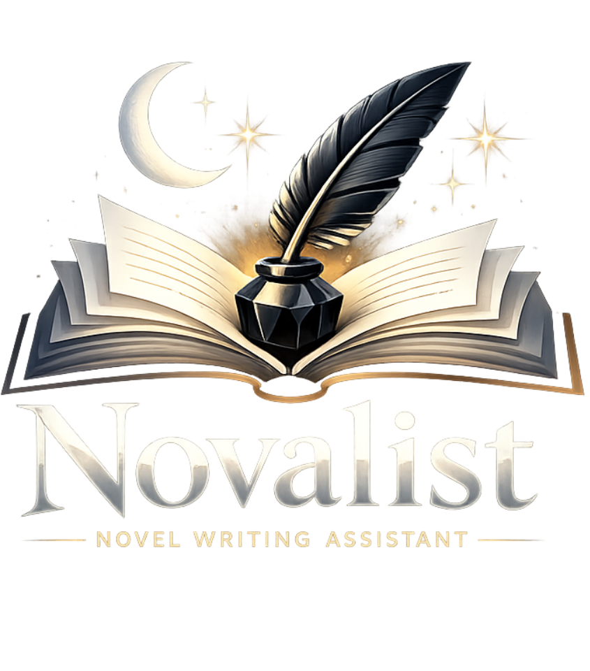 Novalist splash — an open book with quill and inkwell under a crescent moon